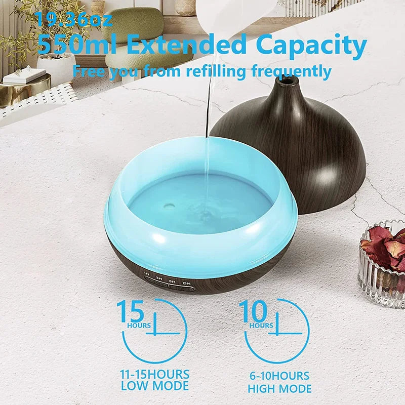 Aroma Diffuser Large 550ml Classic Wood USB Essential Oils 7 LED Lights Remote Control