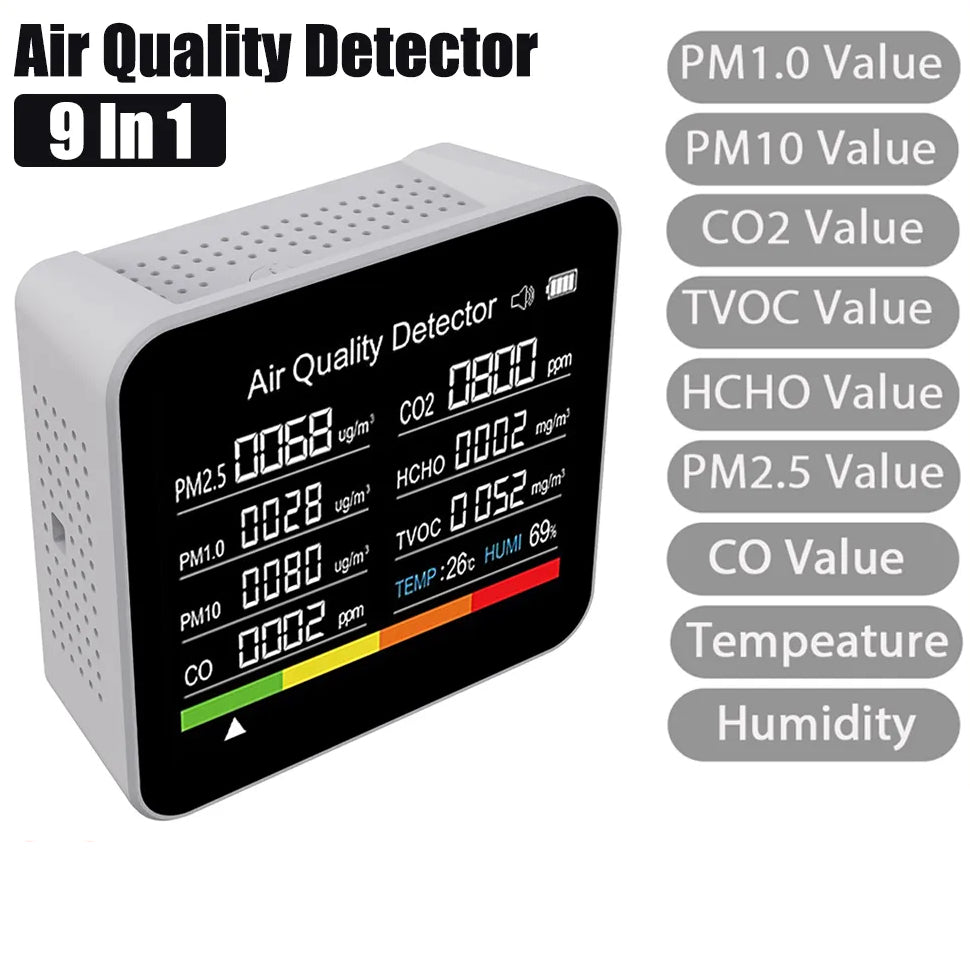 Air Monitor Air Quality 9-in-1 CO2 Meter Temperature & Humidity Carbon Dioxide Detector