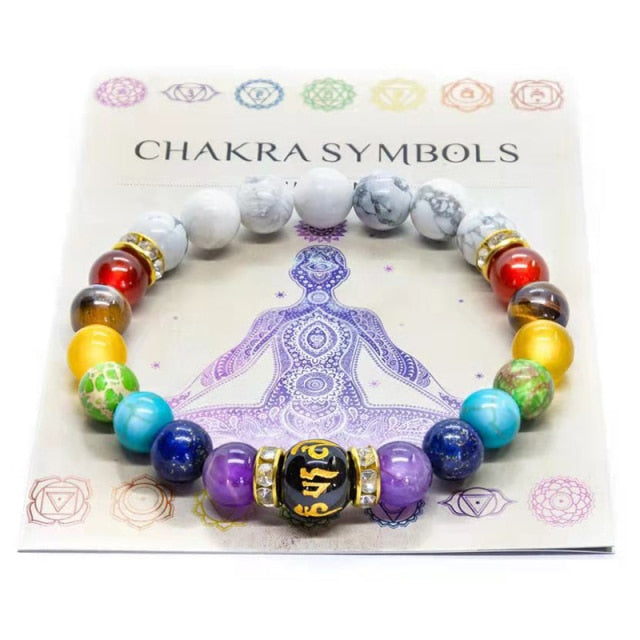 Chakra Energy Consciousness Beaded Bracelet with Lava Stones and Info Card