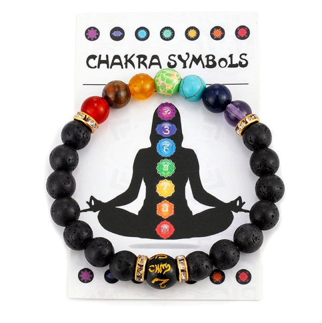 Chakra Energy Consciousness Beaded Bracelet with Lava Stones and Info Card