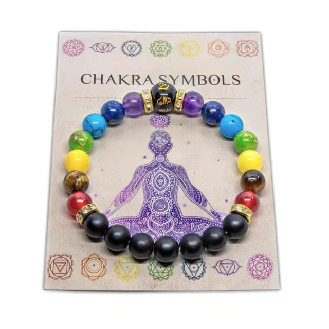 Chakra Energy Consciousness Beaded Bracelet with Lava Stones and Info Card