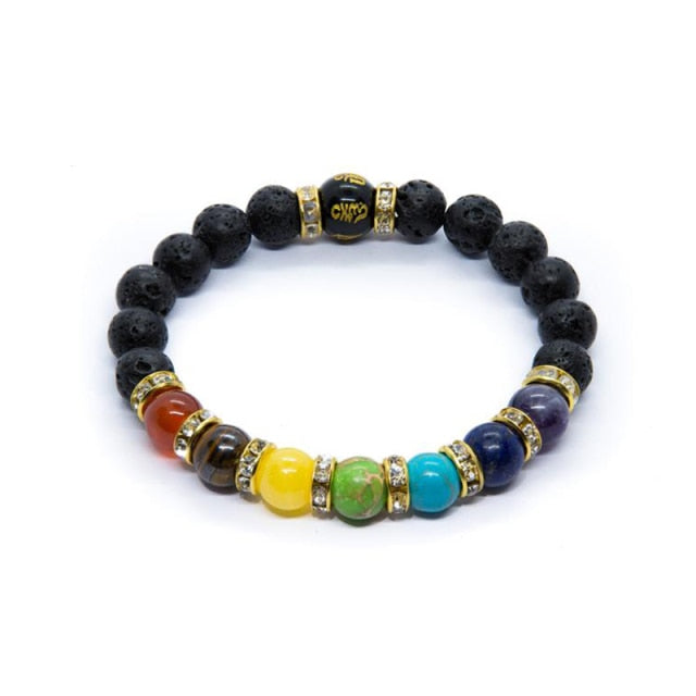 Chakra Energy Consciousness Beaded Bracelet with Lava Stones and Info Card