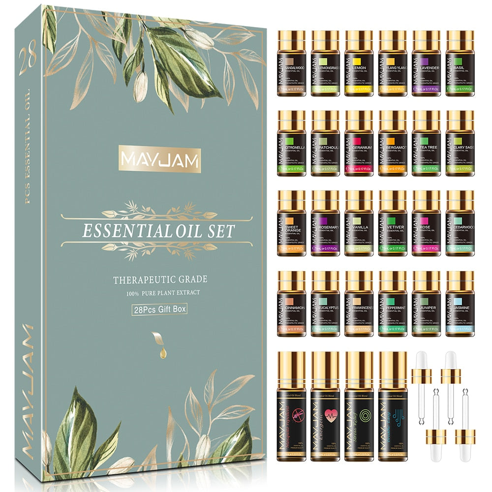 Essential Oils Gift Box 28-pcs Value Set With 4 Refillable Rollers 4 Droppers